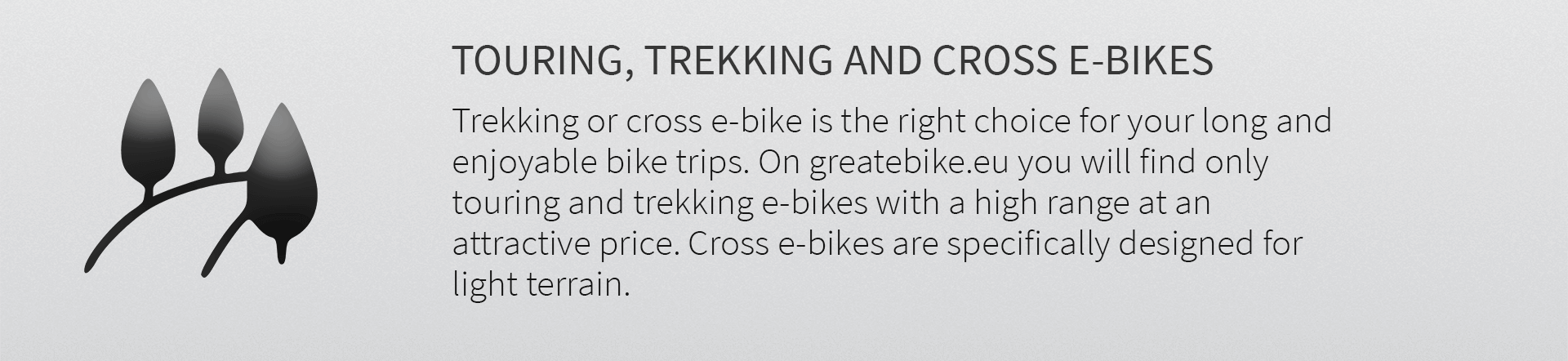 Trekking or cross e-bike is the right choice for your long and enjoyable bike trips. On greatebike.eu you will find only touring and trekking e-bikes with a high range at an attractive price. Cross e-bikes are specifically designed for light terrain.