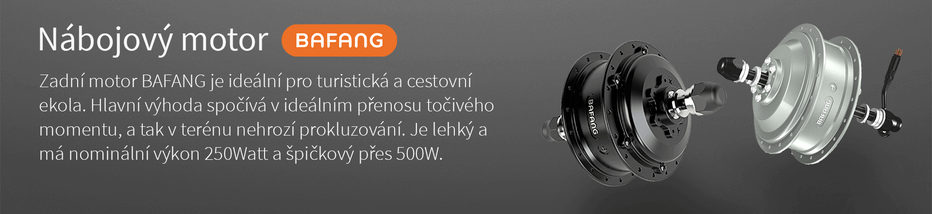 Nábojový motor BAFANG. Zadní motor BAFANG je ideální pro turistická a cestovní ekola. Hlavní výhoda spočívá v ideálním přenosu točivého momentu, a tak v terénu nehrozí prokluzování. Je lehký a má nominální výkon 250Watt a špičkový přes 500W.